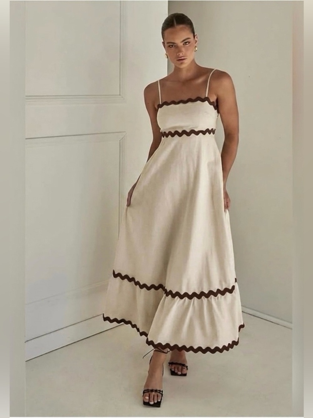 Sim & Sam Size L Linen Blend Summer Dress Spaghetti Strap Oatmeal Cream Brown